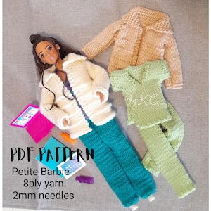May include: A doll wearing a cream-colored knitted jacket and teal pants. A second cream-colored knitted jacket and a green knitted outfit are also displayed. The image includes the text "PDF PATTERN Petite Barbie 8ply yarn 2mm needles."