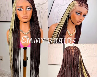 Free next day shipping (3days mail) knotless braided wig, Full lace, box braids, Cornrow, black wig, Lace front, Boho braids, Christmas gift