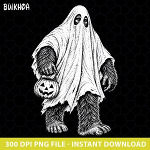 Puede incluir: Una ilustración gráfica en blanco y negro de una criatura peluda que lleva una sábana de fantasma blanca con agujeros para los ojos, sosteniendo un cubo de calabaza. El texto BUIKHOA aparece arriba a la izquierda y 300 DPI PNG FILE - INSTANT DOWNLOAD abajo.