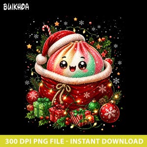 Può includere: Un personaggio a forma di gnocco colorato e scintillante con un viso sorridente che indossa un cappello da Babbo Natale rosso, inserito in un sacco regalo rosso. La scena include regali incartati, decorazioni natalizie e luci.