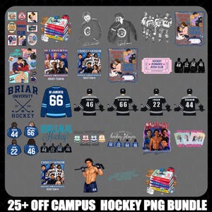 May include: A collection of PNG images featuring hockey-themed designs. Includes hockey jerseys with numbers, team photos, and illustrations of couples. The color palette includes blue, black, and white. Text includes "Briar University Hockey" and "Hockey Romance Book Club".
