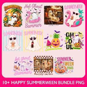 May include: A digital collection of eleven Summerween-themed graphic designs featuring ghosts in tropical settings, wearing sunglasses, and relaxing on pool floats. The illustrations include pineapples, pumpkins, and text like Hot Ghoul Summer.