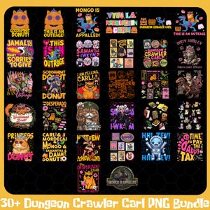 Op de afbeelding: Een bundel van 30+ PNG-afbeeldingen met cartoonkatten, dinosaurussen en donuts. Tekst bevat "Dungeon Crawler Carl", "Goddamnit Donut" en andere zinnen. De afbeeldingen staan op een zwarte achtergrond met een gele rand.