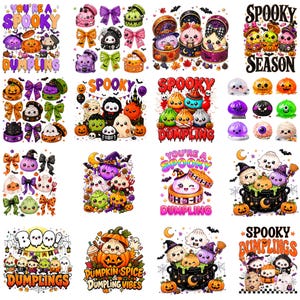 May include: A collection of digital illustrations featuring cute, anthropomorphic dumplings in various Halloween-themed settings, including pumpkins, cauldrons, and bows, with text elements like "You're a Spooky Dumpling," "Spooky Season," and "Boo!"