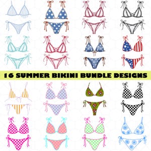 May include: A collection of 16 bikini designs featuring various patterns including stars, stripes, checkers, and floral prints. The set includes string bikinis in multiple colors such as blue, red, pink, green, and yellow, labeled 16 SUMMER BIKINI BUNDLE DESIGNS.