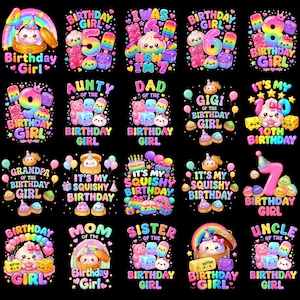 Pode incluir: Uma coleção de vinte ilustrações digitais coloridas em um fundo preto com personagens de desenhos animados fofos, números com cores de arco-íris e textos de aniversário como Birthday Girl, Aunty, Dad, Mom, Sister, Uncle e Grandpa.