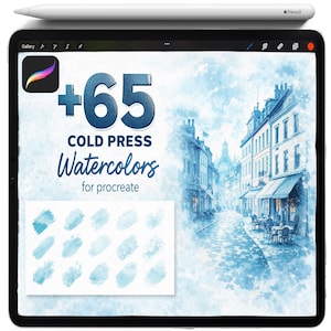 May include: A digital art display on a tablet featuring watercolor brushes for Procreate. The screen displays the text "+65 COLD PRESS Watercolors for procreate" and a watercolor painting of a European street scene. A white stylus is at the top.