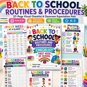 Peut inclure: Un pack de 27 pages de listes de contrôle visuelles et d'attentes en classe pour la rentrée scolaire. L'ensemble comprend des feuilles imprimables colorées avec des listes pour la première semaine, l'arrivée, les règles et le départ.