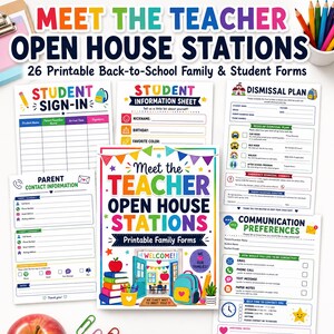 Peut inclure: Un ensemble de 26 formulaires imprimables pour la rentrée scolaire intitulés Meet the Teacher Open House Stations. Le kit comprend des feuilles de présence, des fiches d'information, des plans de sortie et des préférences de communication.