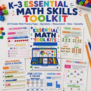 May include: A K-3 Essential Math Skills Toolkit set featuring a central instruction sheet, six activity pages covering pictographs, equal groups, measuring with a ruler, coin values, counting area, and coordinates, plus colorful plastic math cubes.