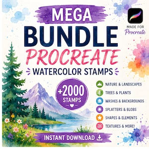 May include: A digital art bundle for Procreate with watercolour stamps. The image shows the text "MEGA BUNDLE PROCREATE WATERCOLOR STAMPS" with over 2000 stamps. Categories include nature, trees, washes, splatters, shapes, and textures.