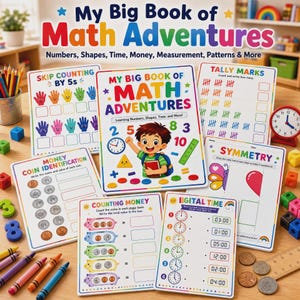 Peut inclure: Une collection de fiches d'activités mathématiques intitulée My Big Book of Math Adventures, présentant des illustrations colorées de nombres, formes, horloges, pièces et marques de comptage, avec des crayons, des cubes et des pièces.