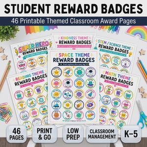 Peut inclure: Un ensemble de 46 pages de badges de récompense scolaires imprimables avec divers thèmes comme l'espace, la lecture, les mathématiques, la science et la gentillesse. Chaque page présente des autocollants circulaires colorés avec des textes.