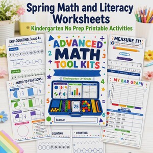 Peut inclure: Un ensemble de fiches pédagogiques intitulées Spring Math and Literacy Worksheets et Advanced Math Tool Kits. Les pages présentent des exercices de comptage, des leçons sur les fractions, des activités de mesure avec règle et des graphiques.