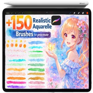 May include: A digital tablet displays a colorful illustration with the text "+150 Realistic Aquarelle Brushes for procreate." A white stylus rests on top. The illustration features a smiling anime-style character and watercolor brush strokes.