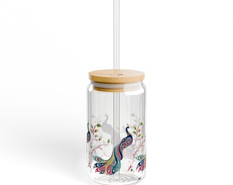 Pfau Sipper Glas, gehärtetes Glas mit Bambus Deckel und Tritan Stroh