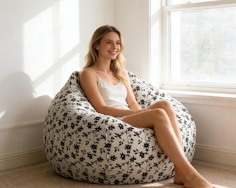 Funda de puf floral de algodón y lino con estampado de hojas en blanco y negro (sin relleno)