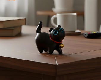手彫りの木製猫の置物 - 動物愛好家への贈り物やデスクの装飾に最適な素朴な猫の置物