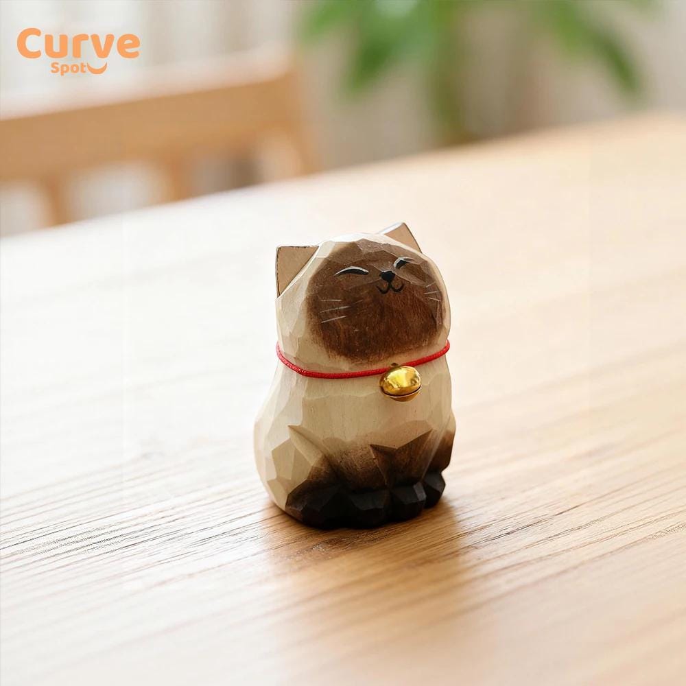 Wooden Siamese Cat Figurine - Hand-Carved Small Cat Ornament for Home Decor & Cat Lover Gifts