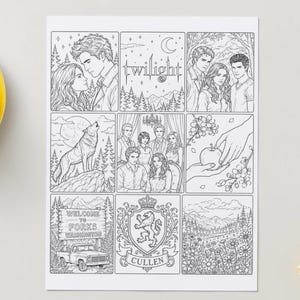 May include: A black and white colouring page featuring nine distinct panels with illustrations of characters, a wolf, a forest, a truck, a crest with the text Cullen, and a sign that reads Welcome to Forks Washington, plus the word twilight.