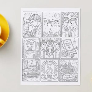 May include: A black and white coloring page featuring nine panels with illustrations from The Vampire Diaries, including character portraits, the Mystic Falls sign, a vintage car, a book, a candle, and the Salvatore family crest with the text 1864.
