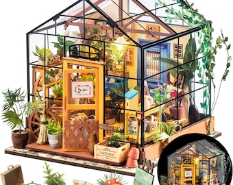 Mini Greenhouse Flower House DIY Dollhouse Wooden Miniature Kit with Furniture & LED Lights