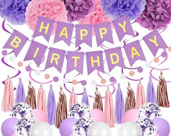 Pink & Purple Birthday Party Decor Set: Banner, Balloons, Pom Poms