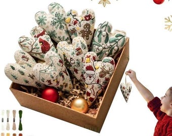 Embroidery Christmas Ornament Kit - Heart & Tree, 8 Pack