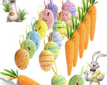 Easter Ornaments Set, Foam Bunnies, Eggs, Carrots, Pastel Spring Decorations