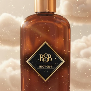 May include: A brown body oil bottle with a gold cap and a black and gold label that reads "BSB BODY OILS." The bottle is set against a background of clouds and sparkling particles.