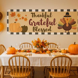 Pancarta de agradecimiento / Decoración de pared imprimible para Acción de Gracias / Diseño de pavo y calabaza de la cosecha de otoño