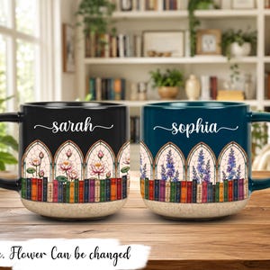 Bloom Through Books Custom Pottery Mug - Personalized Bookish Gifts For Book Lovers, Bookworms, Readers, Custom Name Floral Bookshelf Mug