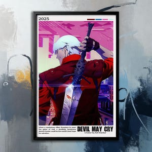 May include: Framed poster of a character from "Devil May Cry" with white hair and a red jacket, wielding a large sword. The poster has a purple and pink background with the text "2025" at the top. The title "DEVIL MAY CRY" is displayed at the bottom.