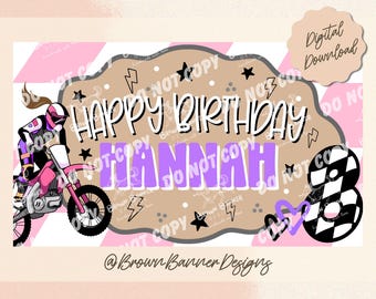 Modello di striscione per compleanno a tema moto da cross per ragazze / Design modificabile su Canva (Download digitale)