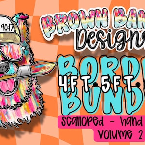 Può includere: Illustrazione colorata di un cane con occhiali da sole e berretto, che tiene un pennello. L'immagine include il testo "Brown Banner Designs Border Bundle 4ft 5ft 6ft" su uno sfondo arancione a scacchi. Design disegnato a mano.