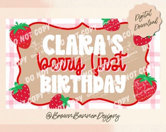 Beere erste Erdbeere Geburtstag Banner Vorlage | Bearbeitbares Canva Design (Digitaler Download)