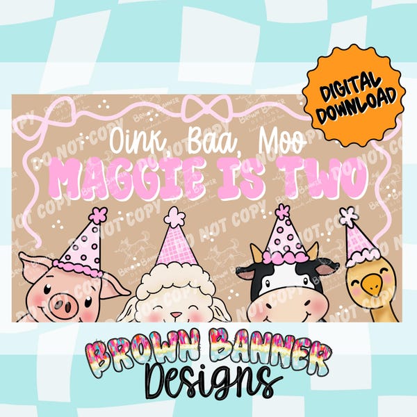 Sjabloon voor spandoek roze Oink Baa Moo 2e verjaardag | Bewerkbaar canva-ontwerp (digitale download)