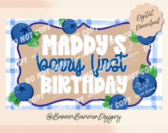 Beere erste Blaubeere Geburtstag Banner Vorlage | Bearbeitbares Canva Design (Digitaler Download)