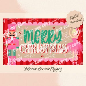 Pode incluir: Um design de Natal para download digital com um quebra-nozes rosa e uma bailarina. As palavras "Merry Christmas" estão em uma fonte festiva, com uma etiqueta "Download Digital".