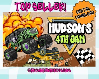 Plantilla de banner de cumpleaños de Monster Truck / Diseño editable en Canva (Descarga digital)