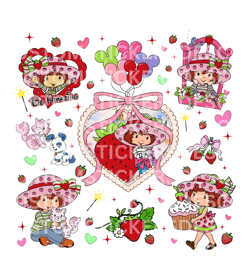 May include: A collection of Strawberry Shortcake-themed illustrations. The images feature the character in various poses, wearing a pink hat with strawberries, and surrounded by strawberries, hearts, and balloons. The text "Be Amazing" is also present.