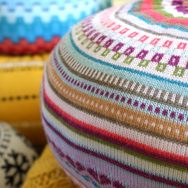 MEDIUM upcycled sweater pouf,pillow, scatter cushion, fixed cover, Fair Isle multi stripe aqua, white, red, coral, purple