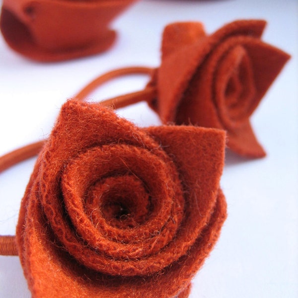 Small flower ponytail bands, set of 2 soft upcycled chunky wool felt Roses, autumn burnt orange rust copper russet