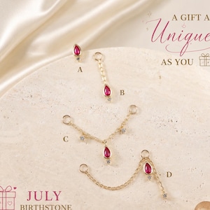 14K Solid Gold Ruby CZ Helix Flat Back Earring • Dangle Teardrop Birthstone Nose Chain Attachment • Drop Cartilage Hoop Charm • Earring Set