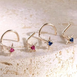 14K Solid Gold Starburst L Bend Nose Pin • 9K North Star S-Shape Nose Stud • Celestial Screw Nose Piercing • 12 Month CZ L Shape Nose Ring