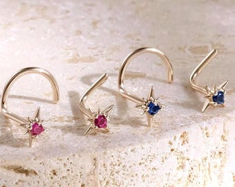 14K Solid Gold Starburst L Bend Nose Pin • 9K North Star S-Shape Nose Stud • Celestial Screw Nose Piercing • 12 Month CZ L Shape Nose Ring