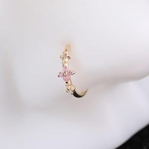 14K Solid Gold Floral Birthstone Helix Hinged Hoop • Dainty Pink Tourmaline CZ Cartilage Nose Clicker • Minimalist Flower Earlobe Rook Ring