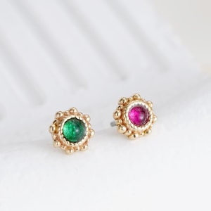14K Solid Gold Sunburst Birthstone Helix Piercing • 9K Dainty Flower Cartilage Tragus Flat Back • Gold Beaded Earlobe Conch Stud Earring