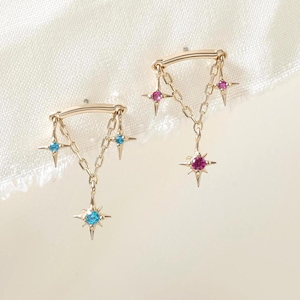 14K Solid Gold Starburst Birthstone Stud • Dangle Celestial Star Hidden Helix Flat Back • Triple Star Cartilage Lobe Threadless Piercing