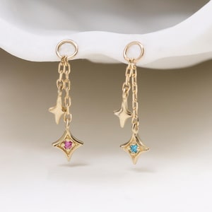 Solid 14K Gold Star Birthstone Dangle Charm • CZ Drop Attachment for Hoop • Dainty Cartilage Piercing Add-On